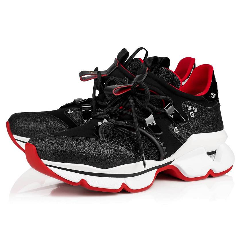 Women's Christian Louboutin Red-Runner Donna Glitter Mini Low Top Sneakers - Version Black [5417-203]